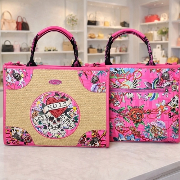 Ed Hardy Handbags - Ed Hardy Tote Bag Pink Straw Love Kills Slowly Skull NWT Strap Y2K Tattoo